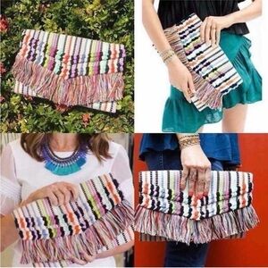 Stella & Dot Taj Clutch Fringe wallet bohemian woven multicolor wristlet
